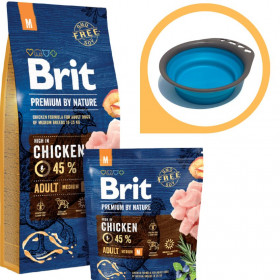 Суха храна за кучета BRIT PREMIUM ADULT M BY NATURE [ НОВА, ПОДОБРЕНА ФОРМУЛА ] с до 45% прясно пилешко месо 15кг + подарък сгъваема купа